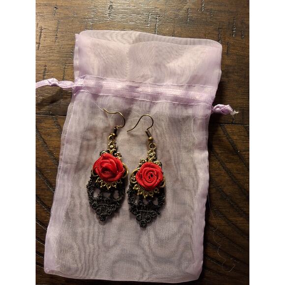 RED ROSE EARRINGS, PIERCED, FASHION - Picture 2 of 4